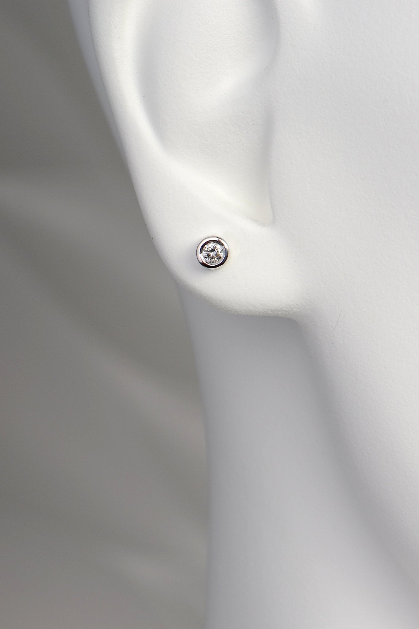 round lab diamond white gold earrrings in model's ear to show size and scale - Christine Sadler