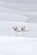 Small matt silver heart stud earrings set with pink sapphires displayed on white background from the From The Heart collection by Christine Sadler