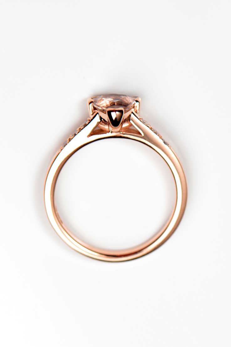 Sailing Stones morganite trillion cut morganite rose gold ring with diamonds by contemporary jewellery designer Christine Sadler