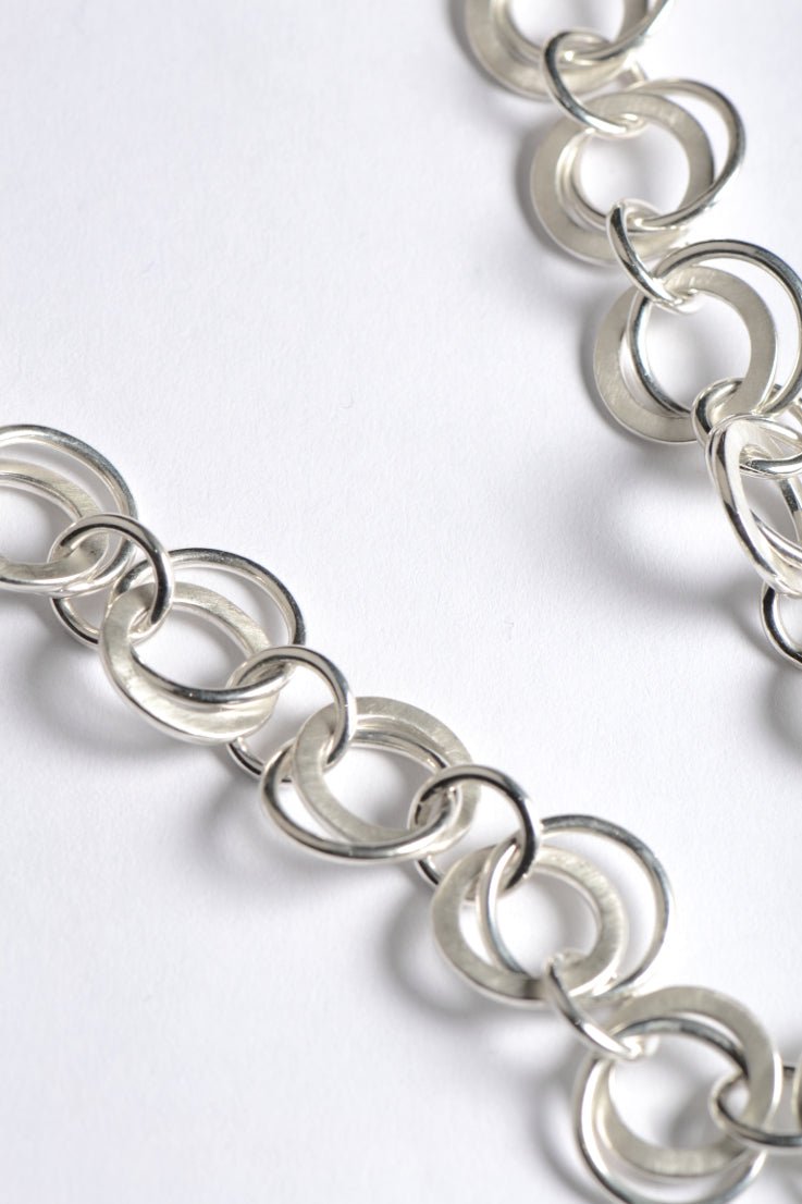 handmade silver circles chain with matt and polished links all the way round