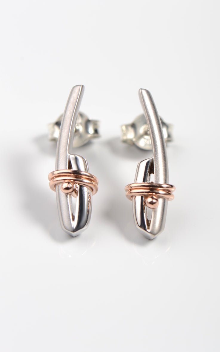 Modern handmade white gold earrings with rose gold detail from British jewellery designer Christine Sadler's romantic Stay Together collection