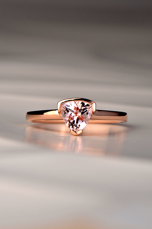 Morganite trillion cut ethical rose gold protection ring