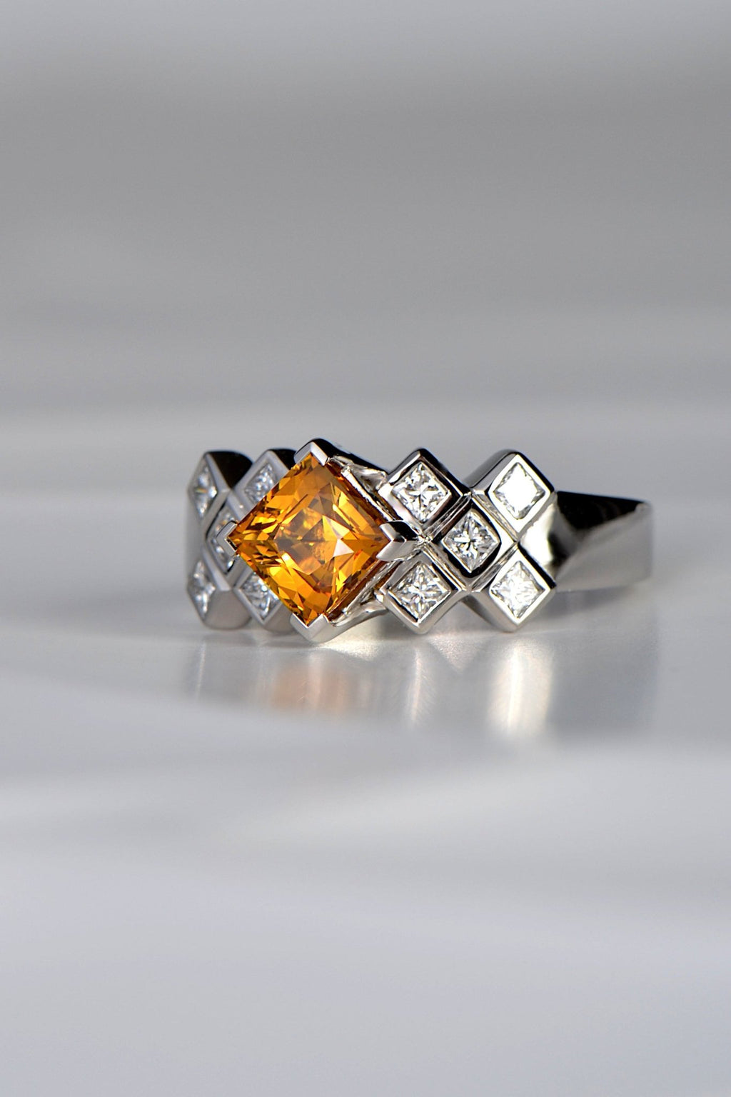 Unusual orange Sapphire and Diamond Tartan ring by Scottish jewellery designer Christine Sadler who is based in Ayr