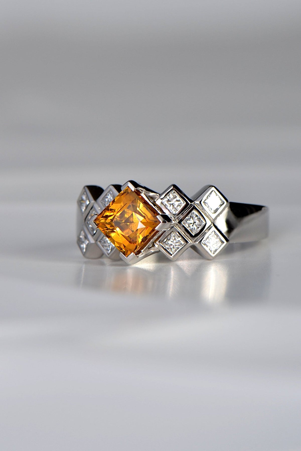Unusual orange Sapphire and Diamond Tartan ring by Scottish jewellery designer Christine Sadler who is based in Ayr
