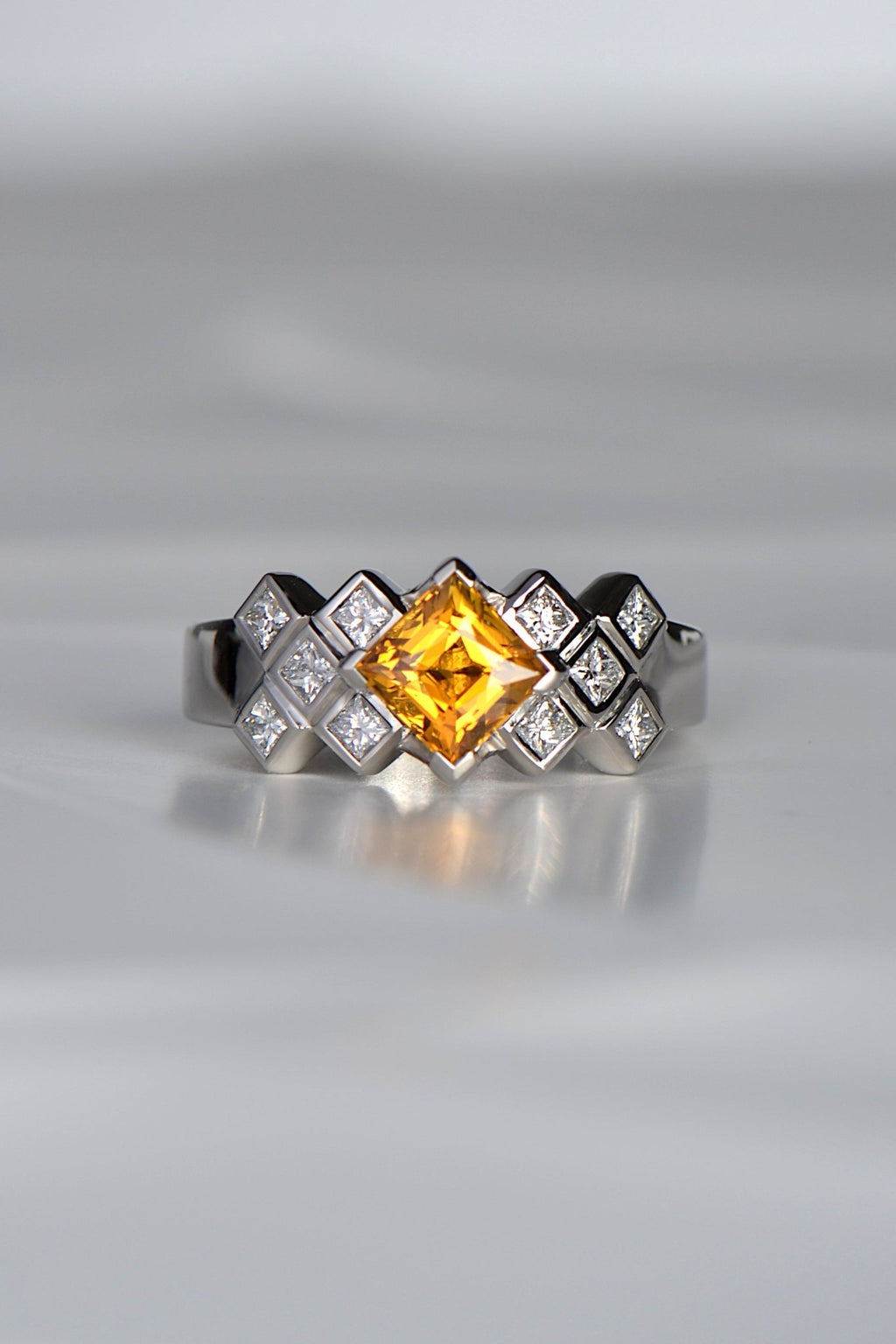 Unique Scottish Tartan diamond ring with centre orange sapphire by jewellery designer Christine Sadler