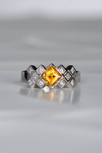 Unique Scottish Tartan diamond ring with centre orange sapphire by jewellery designer Christine Sadler
