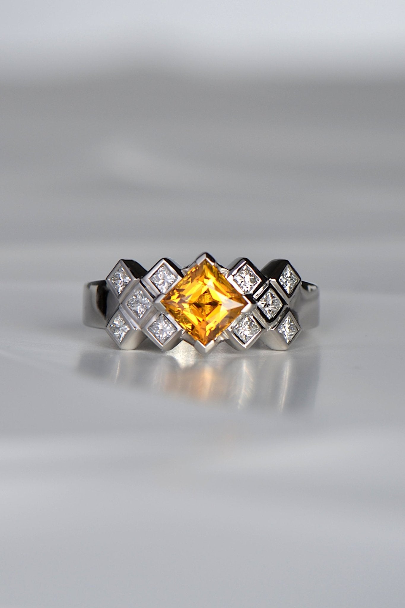 Unique Scottish Tartan diamond ring with centre orange sapphire by jewellery designer Christine Sadler