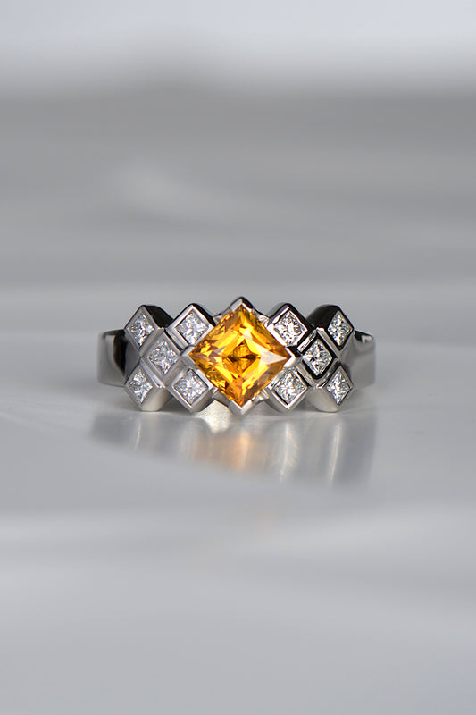 Unique Scottish Tartan diamond ring with centre orange sapphire by jewellery designer Christine Sadler