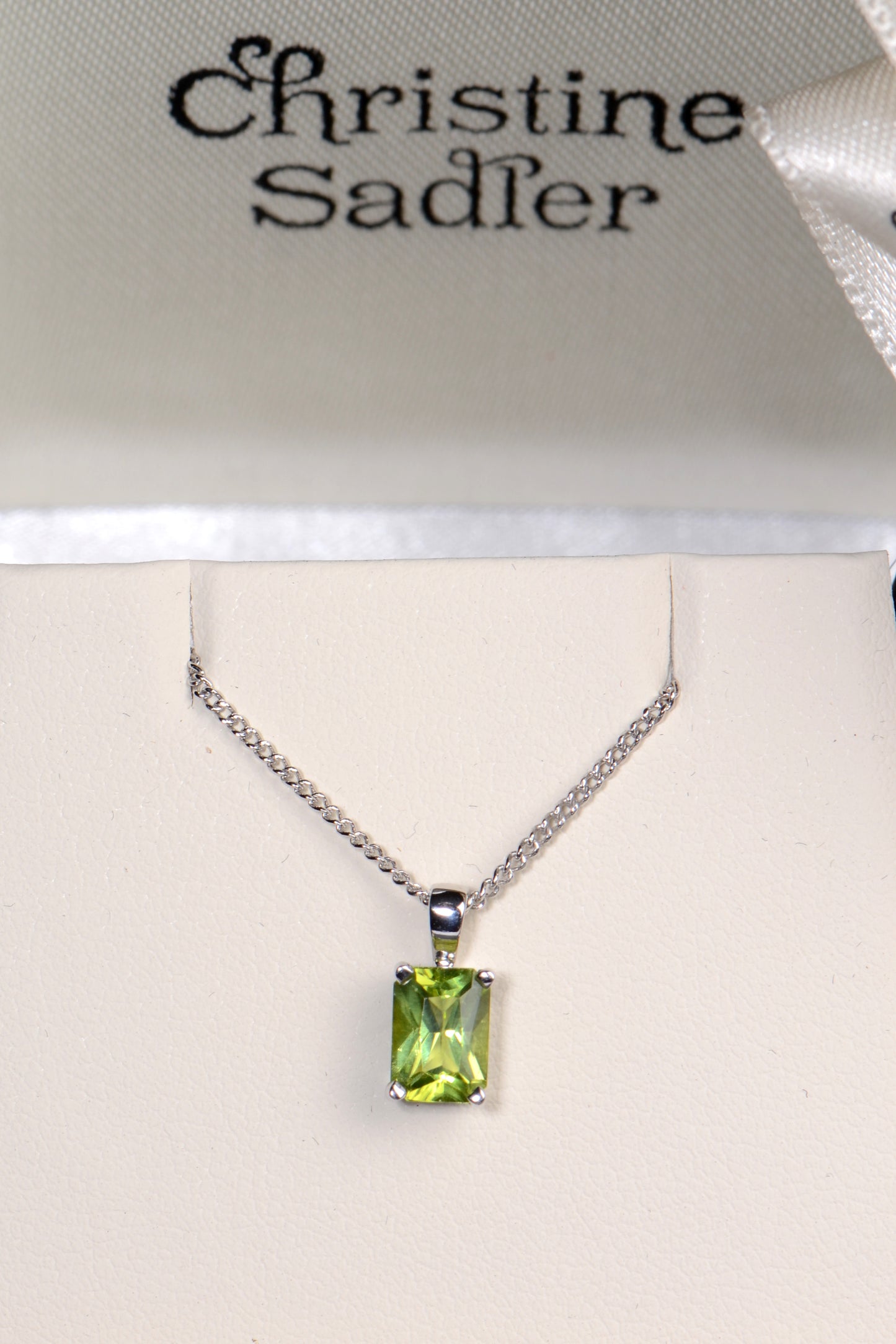 Radiant cut white gold peridot necklace