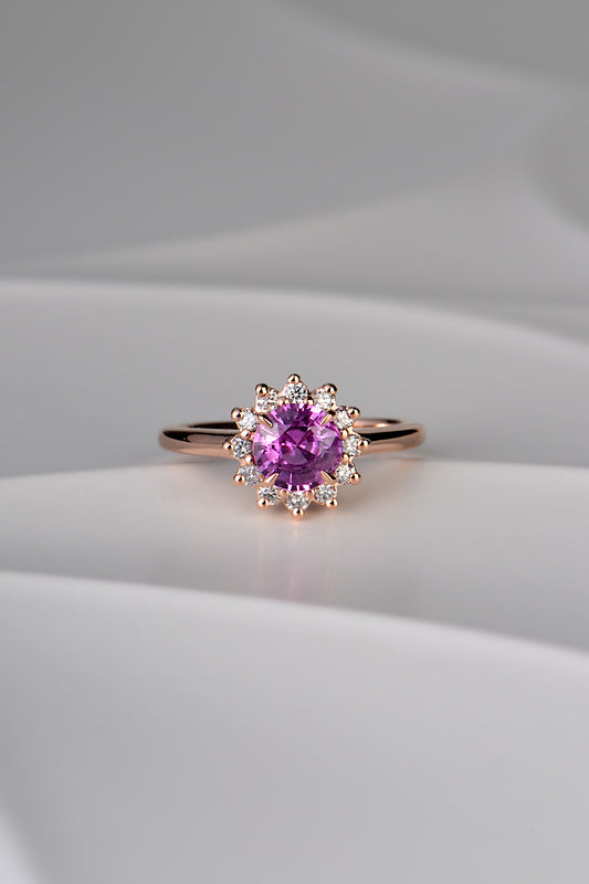 Rose gold flower ring with pink sapphire and diamond