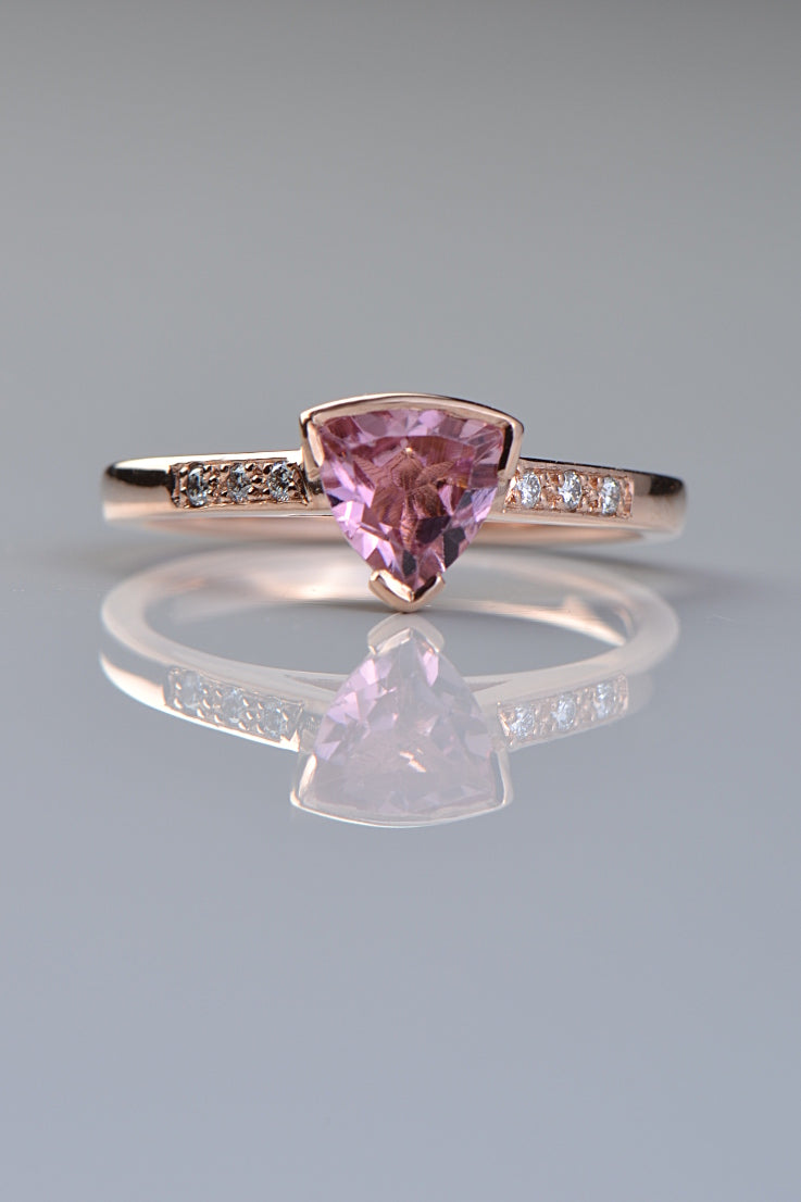Pink tourmaline trillion cut rose gold Slingshot ring