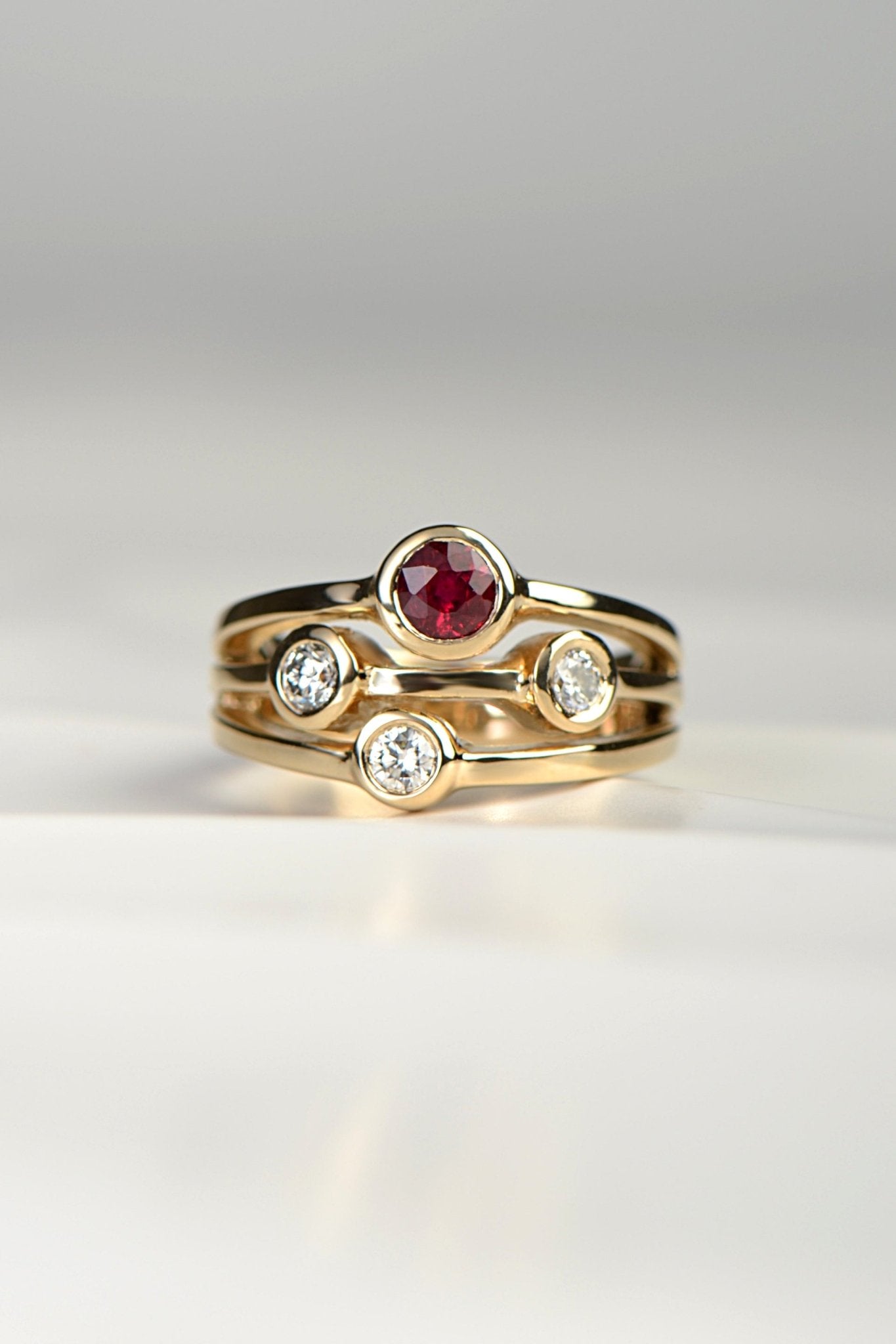 Modern ruby and lab diamond ring in 9ct yellow gold - Christine Sadler