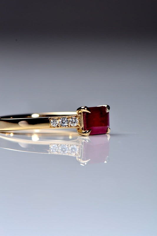 Radiant cut ruby with diamonds in 18ct yellow gold - Engagement Ring Christine Sadler
