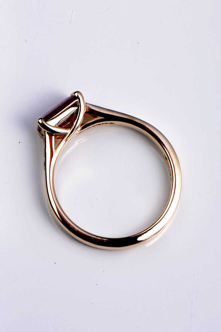 Radiant cut ruby with diamonds in 18ct yellow gold - Engagement Ring Christine Sadler