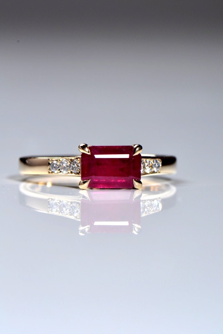 Radiant cut ruby with diamonds in 18ct yellow gold - Engagement Ring Christine Sadler
