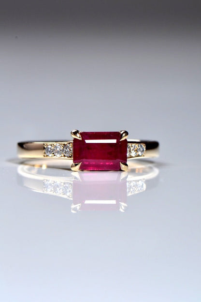 Radiant cut ruby with diamonds in 18ct yellow gold - Engagement Ring Christine Sadler