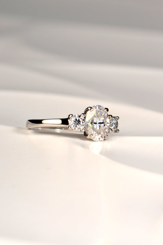 three stone moissanite engagement ring from jewellery designer Christine Sadler who is based in Ayr Scotland
