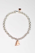 Sterling silver bracelet with two highly polished 9ct rose gold hearts — large front heart and small heart by secure lobster clasp, From The Heart collection