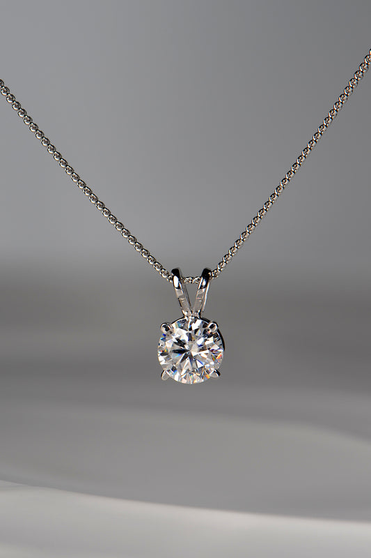 One carat moissanite necklace in 9ct white gold. Affordable, beautiful and made in the UK