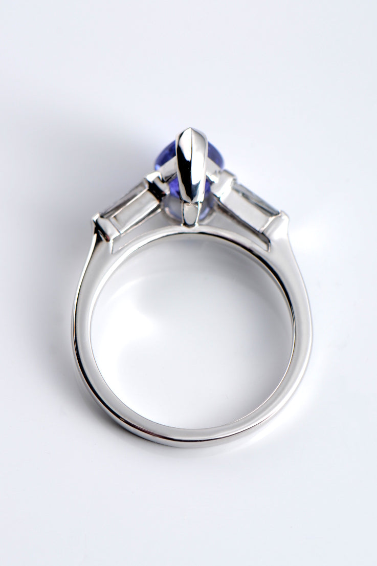 sculptural one of a kind tanzanite and diamond engagement ring by UK jewellery designer Christine Sadler