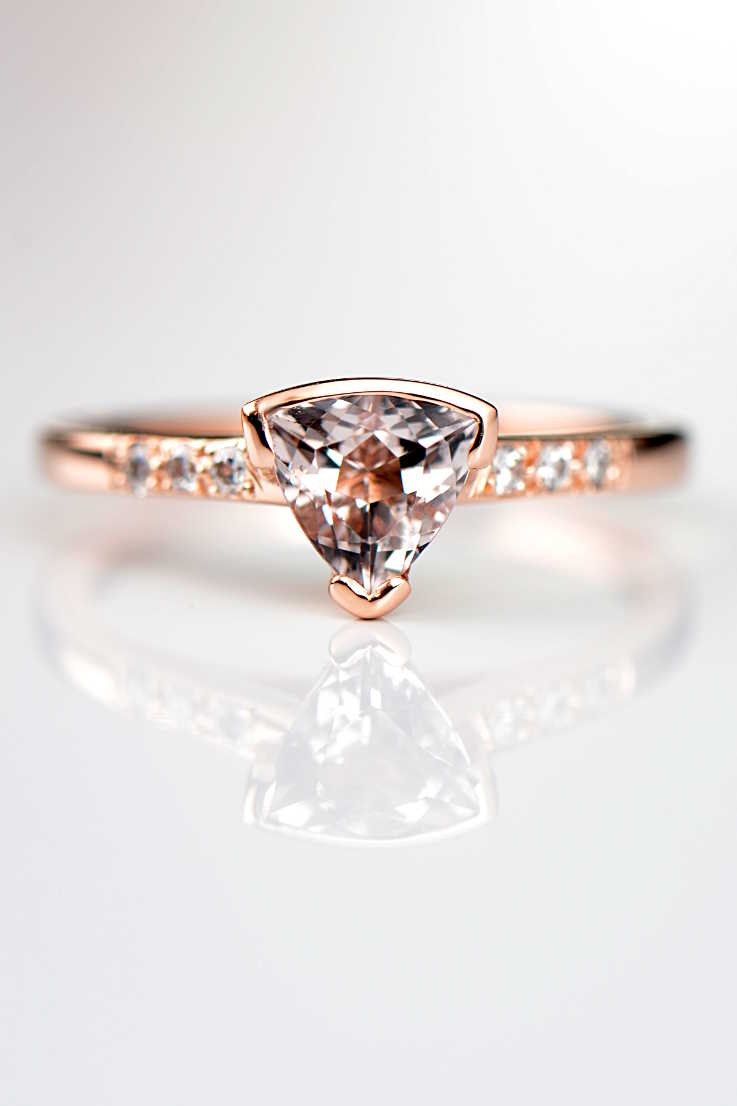 Morganite trillion diamond rose gold ring called Sailing Stones by contemporary jewellery designer Christine Sadler