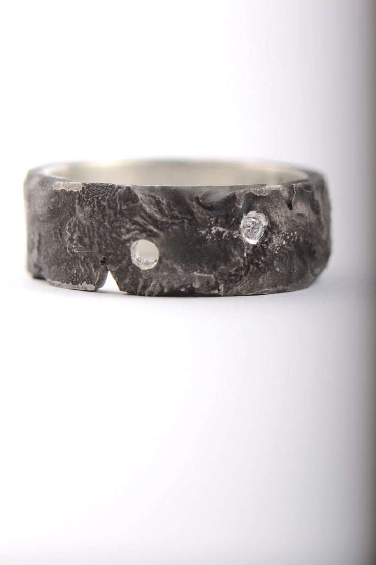 Black textured ring with diamond for men or women by British jewellery designer Christine Sadler